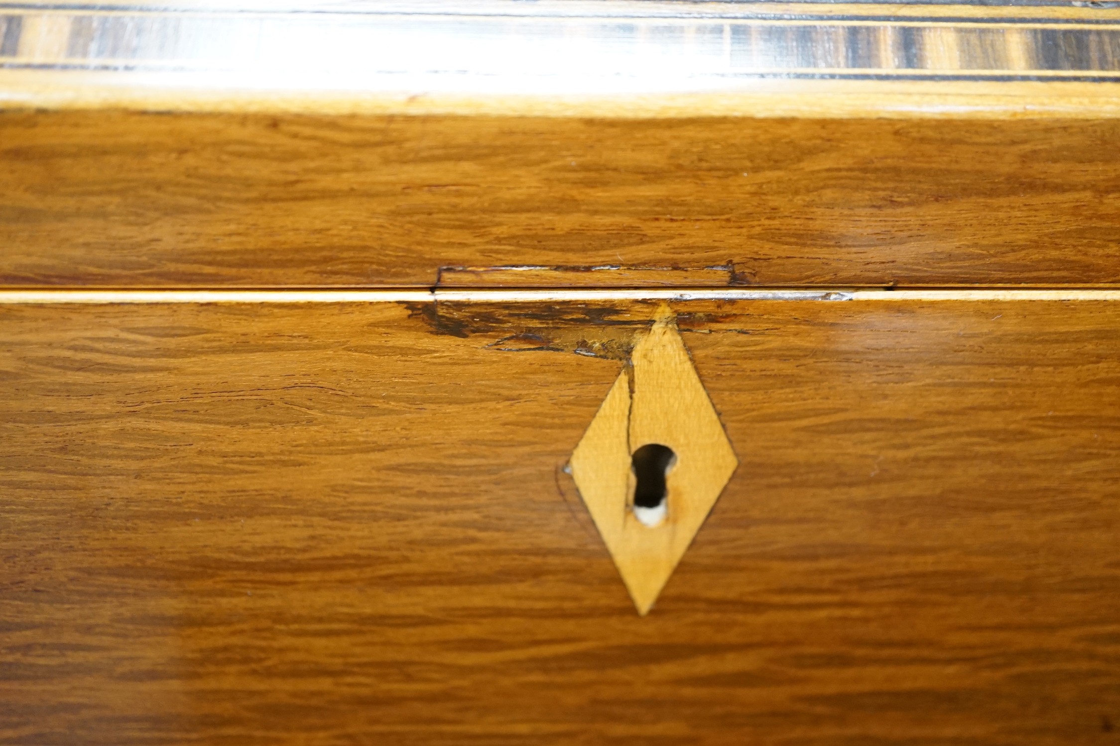 A 19th century partridge-wood and coromandel banded sewing box, together with a French parquetry kingwood jewellery box, with turned bone feet, largest 32cm wide